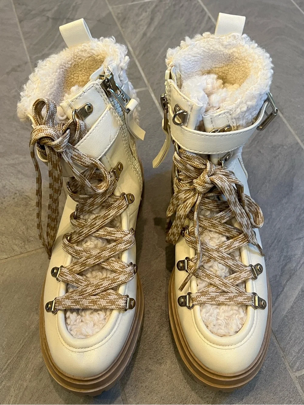 Sam Edelman Cream Faux Fur-Lined Lug Sole Boots with Tan Trim